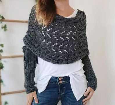 Autumn And Winter Warm Knitted Shawl Women's Hollowed-out Double Sleeve Shawl Collar Fashion Natural For Home And Party