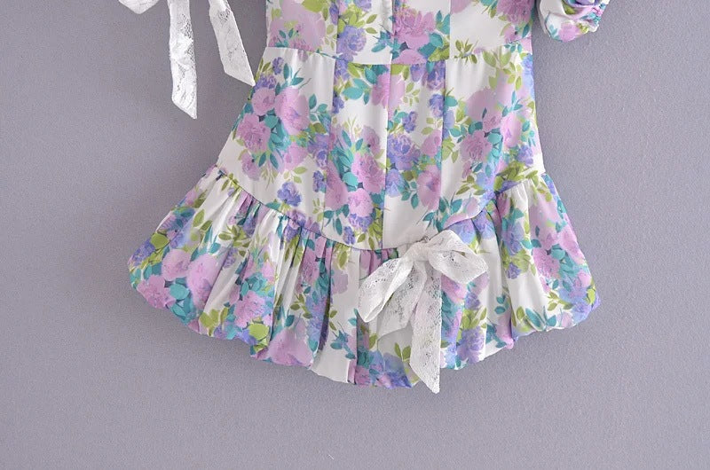 French Romantic Fantasy Asymmetric Puff Sleeve Dress Lace Lace-up Lotus Leaf Skirt