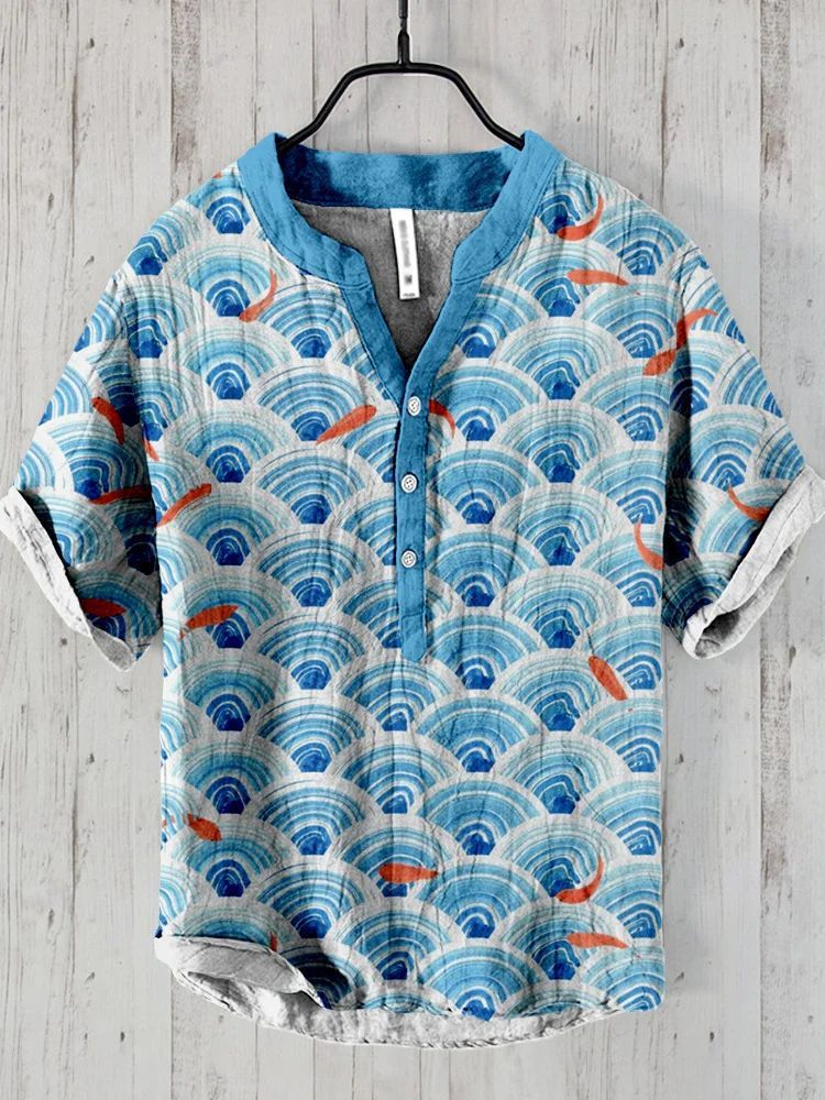 Literary Men's Ocean Print Linen Short Sleeve Loose Casual Top