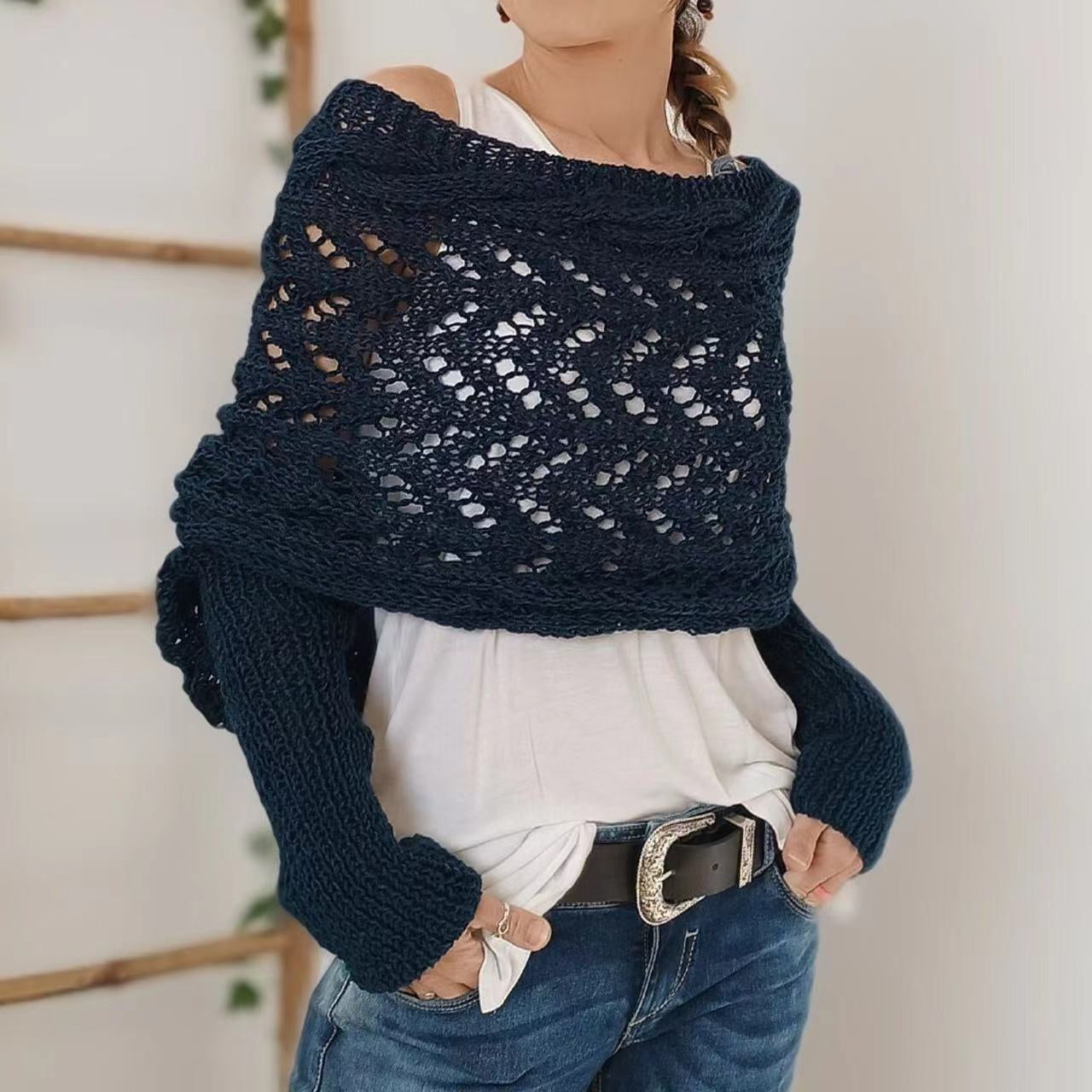 Autumn And Winter Warm Knitted Shawl Women's Hollowed-out Double Sleeve Shawl Collar Fashion Natural For Home And Party