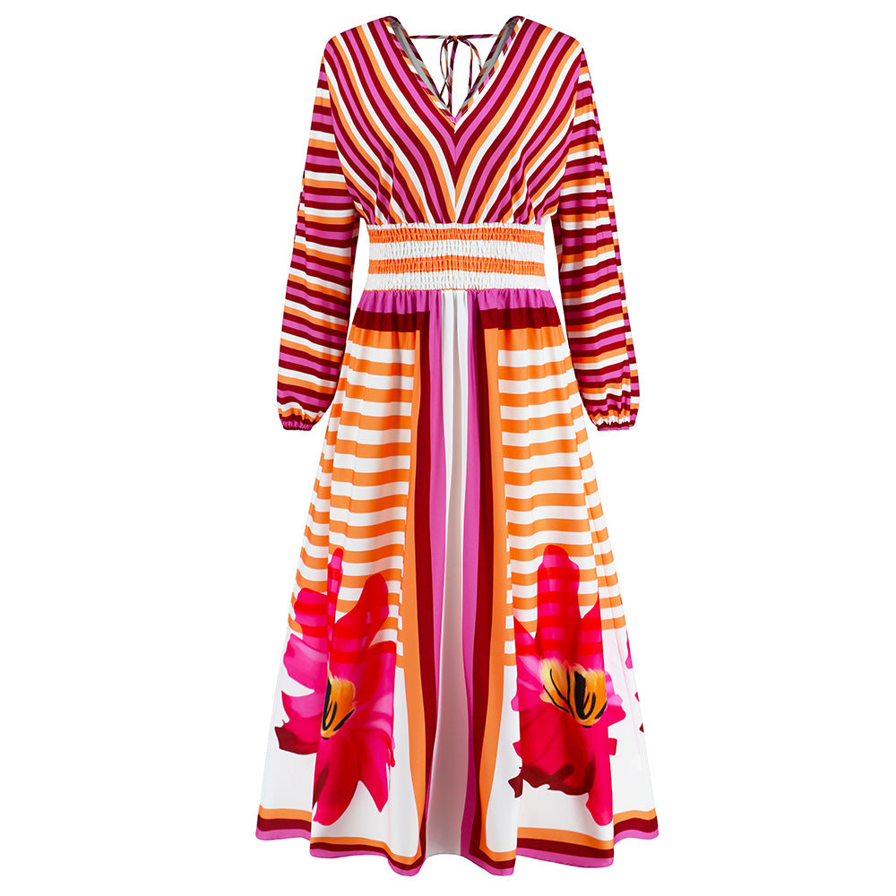 Women's Temperament Long Sleeve V-neck Swing Printed Dress