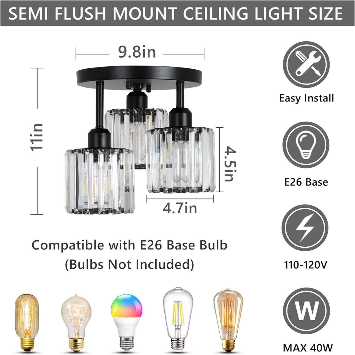 Crystal Semi Flush Mount Ceiling Light,3-Light Modern Close To Ceiling Light Fixtures,Black Kitchen
