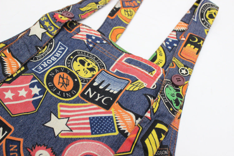 Printed denim bib overalls