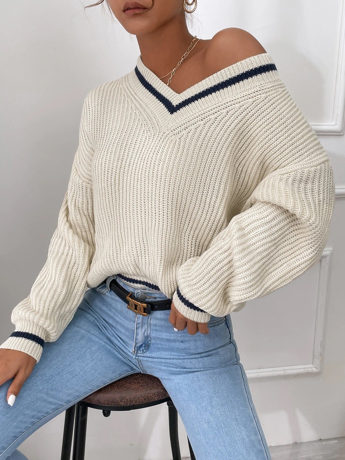 Women's Clothes Cable Knit V Neck Sweaters Casual Long Sleeve Striped Pullover Sweater Trendy Loose Preppy Jumper Top