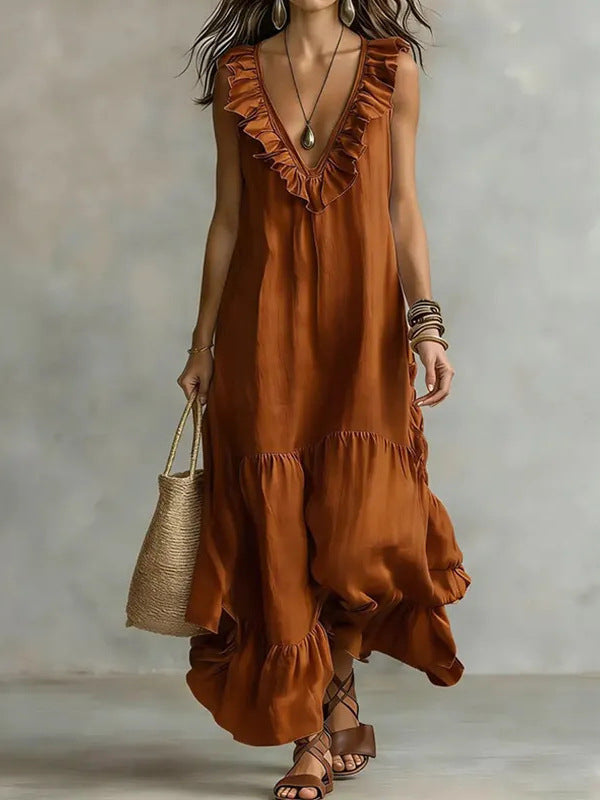 Lace-trimmed Loose-fit Casual Sleeveless Maxi Dress