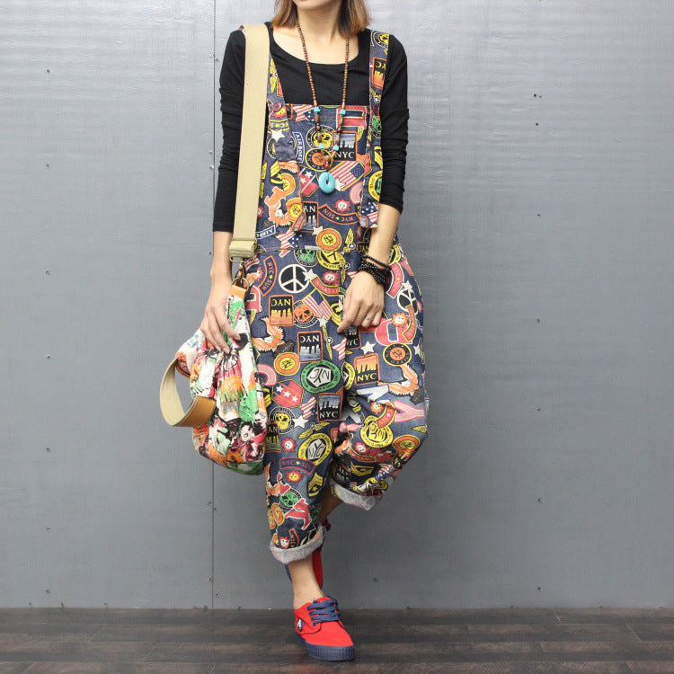 Printed denim bib overalls