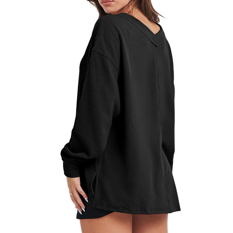 Fashion Lightweight V-neck Sweaters Women Casual Long Sleeve Ribbed Knit Side Slit Pullover Top