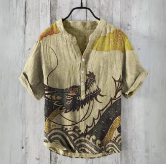 Literary Men's Ocean Print Linen Short Sleeve Loose Casual Top