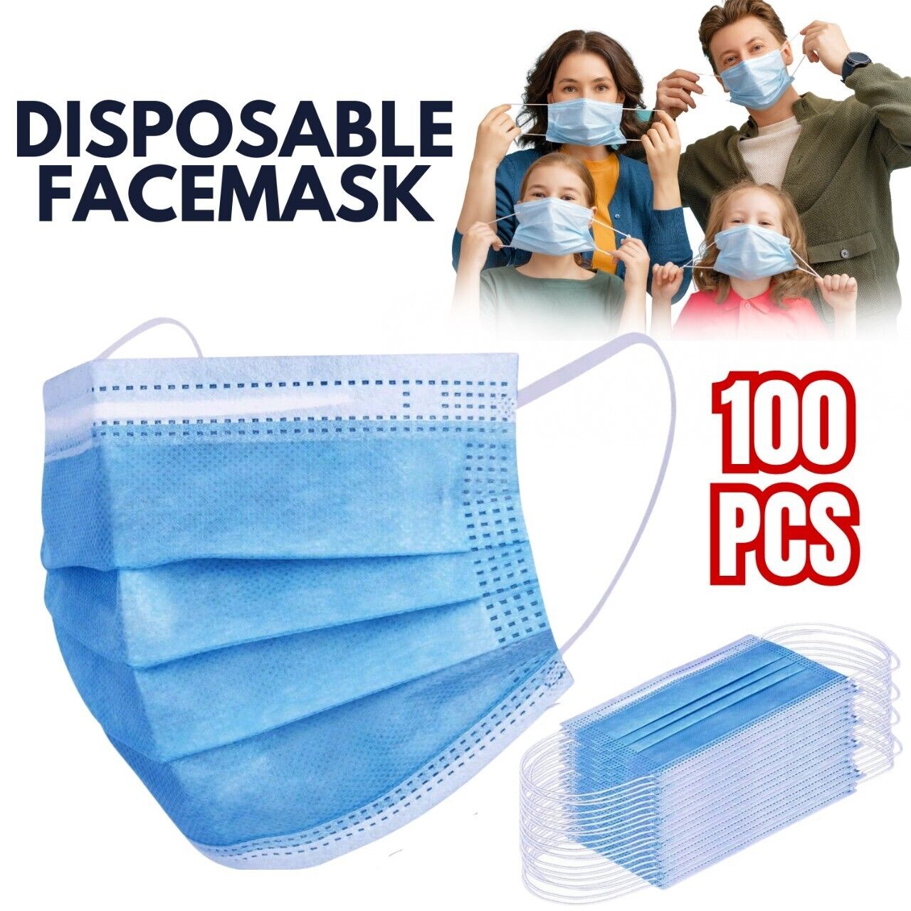 100 PC Face Mask Non Medical Surgical Disposable 3Ply Earloop Mouth Cover - Blue