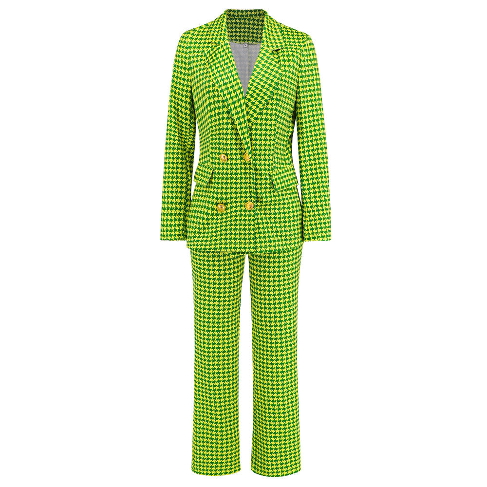 Women's Fashion Houndstooth Double Breasted Blazer Slim-fit Straight Trousers Suit