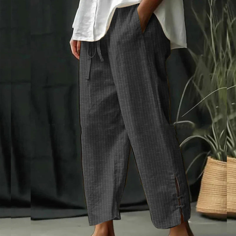 New Cotton And Linen Stripes Loose-fit Tappered Trousers