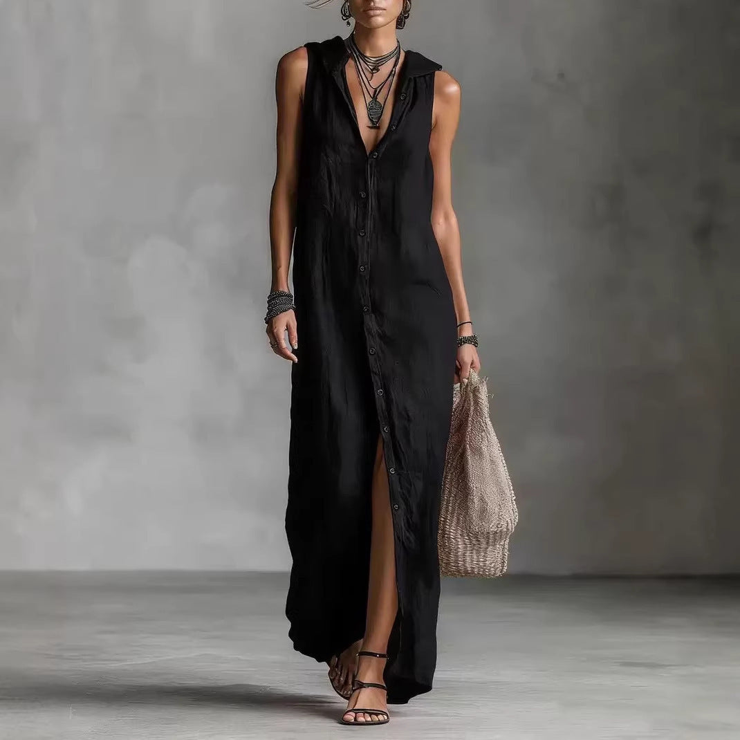 Sleeveless Hooded Maxi Dress With Button Placket Women's Clothing