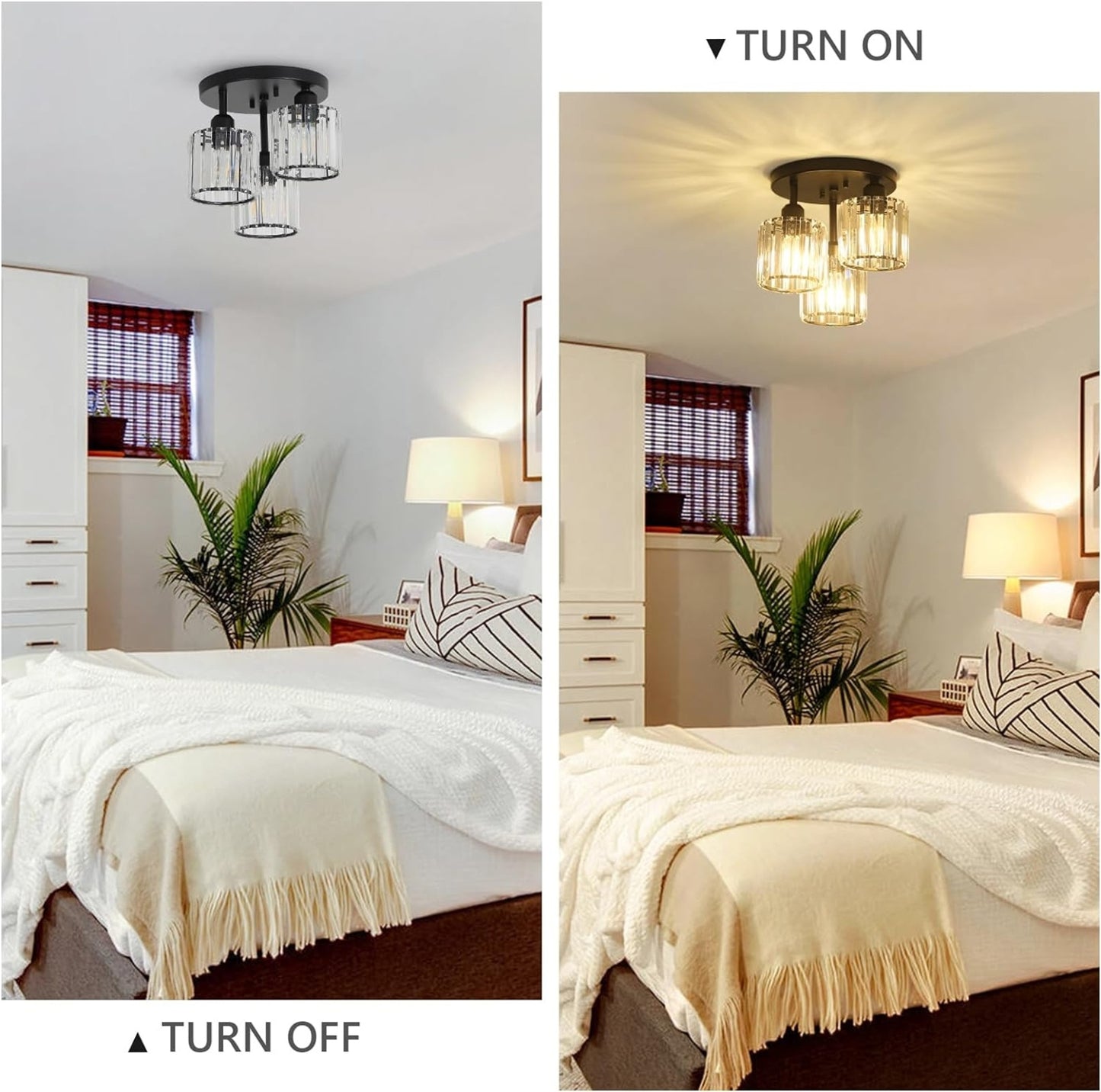 Crystal Semi Flush Mount Ceiling Light,3-Light Modern Close To Ceiling Light Fixtures,Black Kitchen