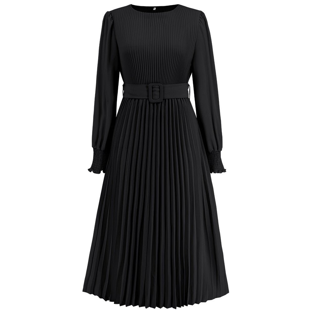 Women's Graceful And Fashionable Round Neck Bubble Long Sleeve Pleated A- Line Skirt