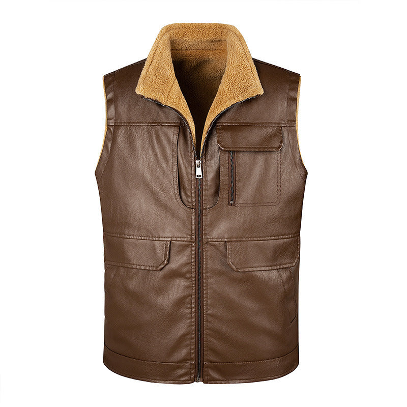 Male Leather Vest Autumn And Winter Fleece-lined Stand Collar Vest
