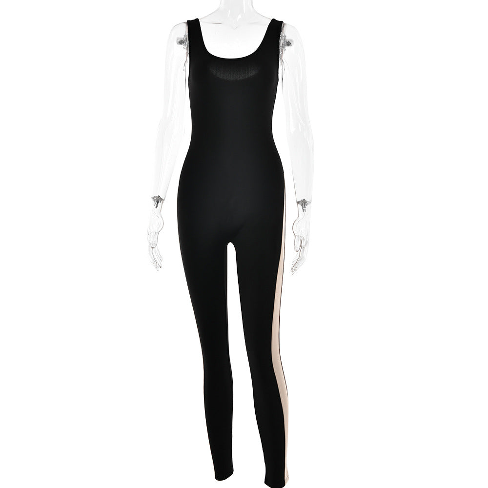 Women's Fashionable Soft Belly Contracting Stitched Backless Trousers Jumpsuit
