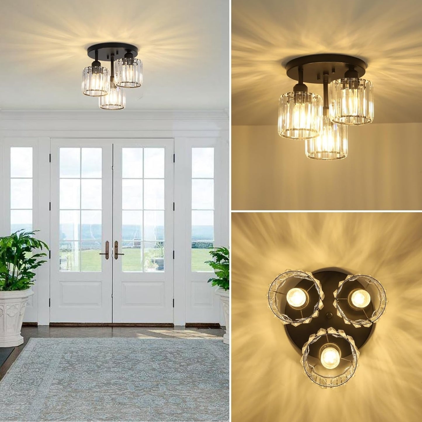 Crystal Semi Flush Mount Ceiling Light,3-Light Modern Close To Ceiling Light Fixtures,Black Kitchen