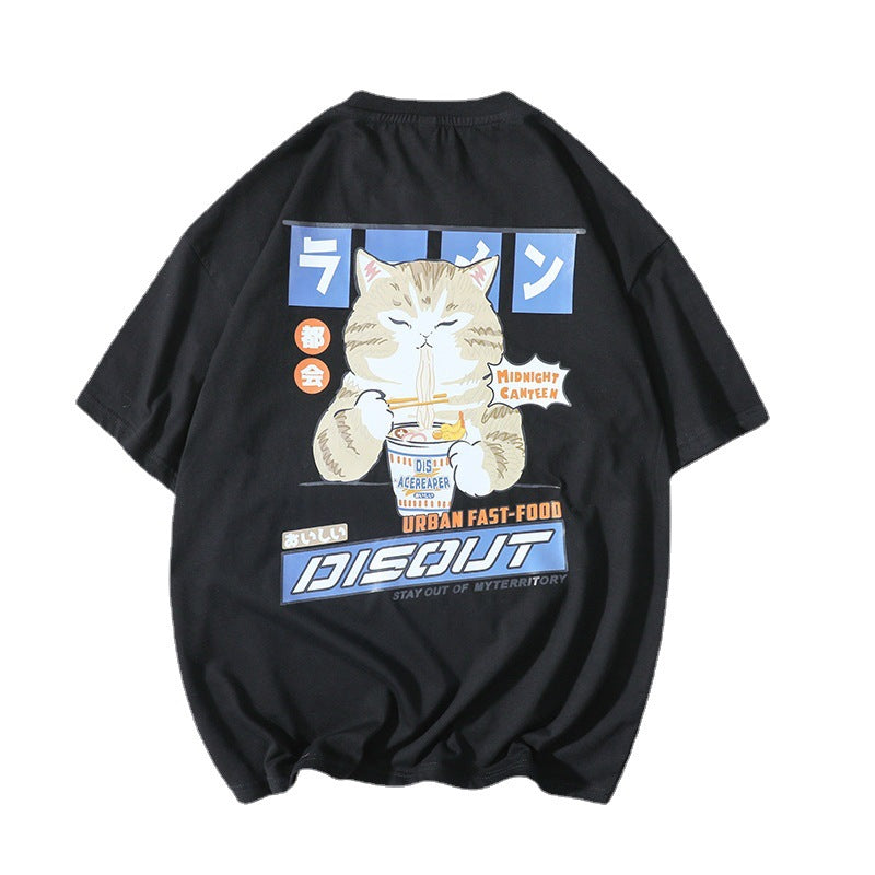 Cat Print Top Clothes Loose Korean Style Trend Half Sleeve T-Shirt For Men