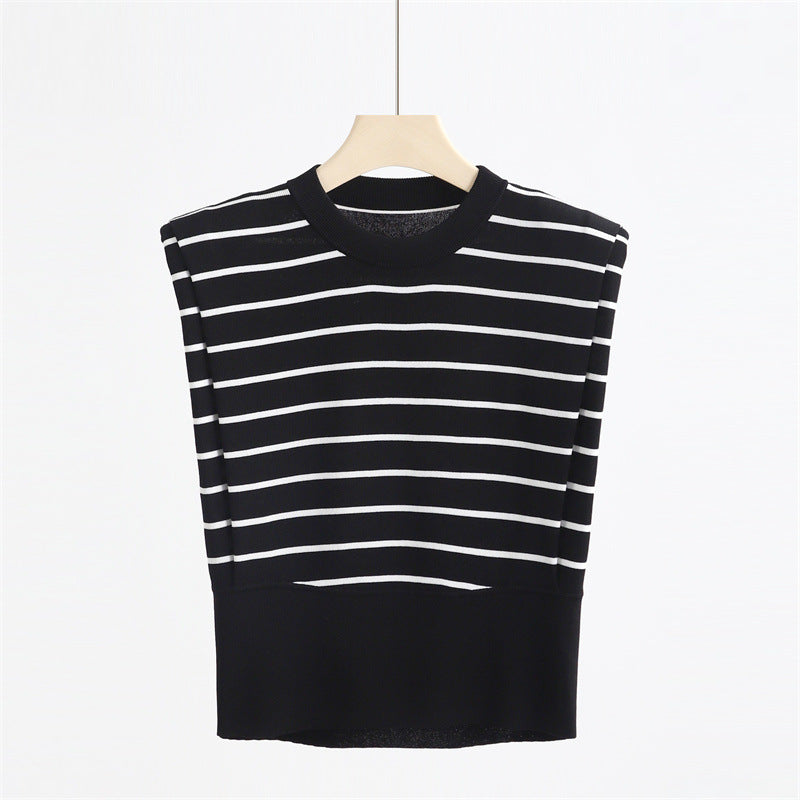 Right-angle Shoulder Sleeveless Striped Ice Silk Round Neck Vest Top Sweater
