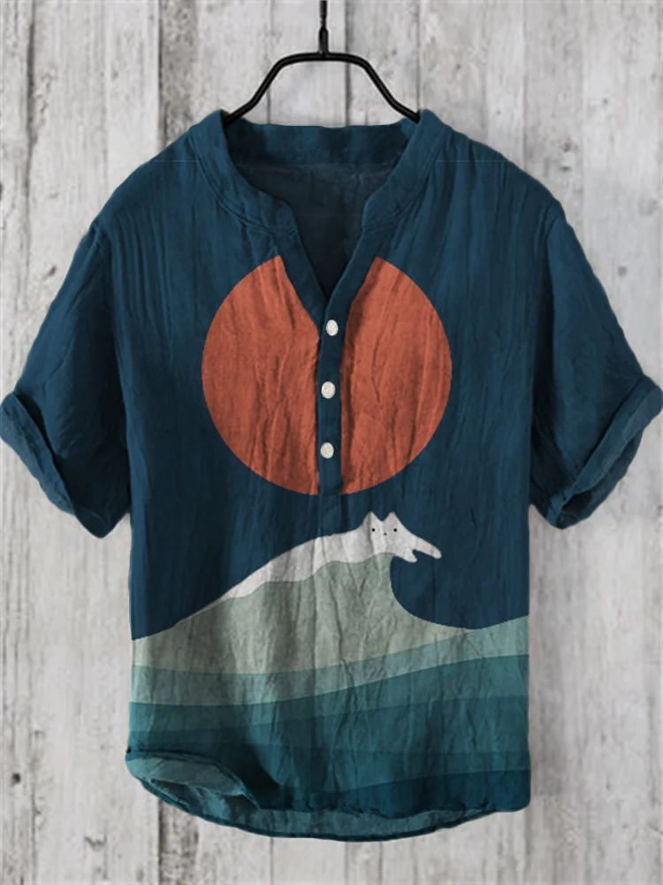 Literary Men's Ocean Print Linen Short Sleeve Loose Casual Top