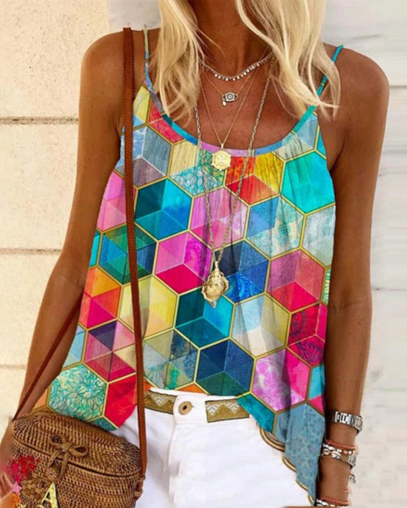 Women's Sling Color Plaid Printed Top