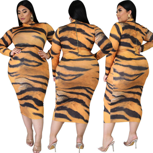 Leopard Print Long Sleeve zipper dress
