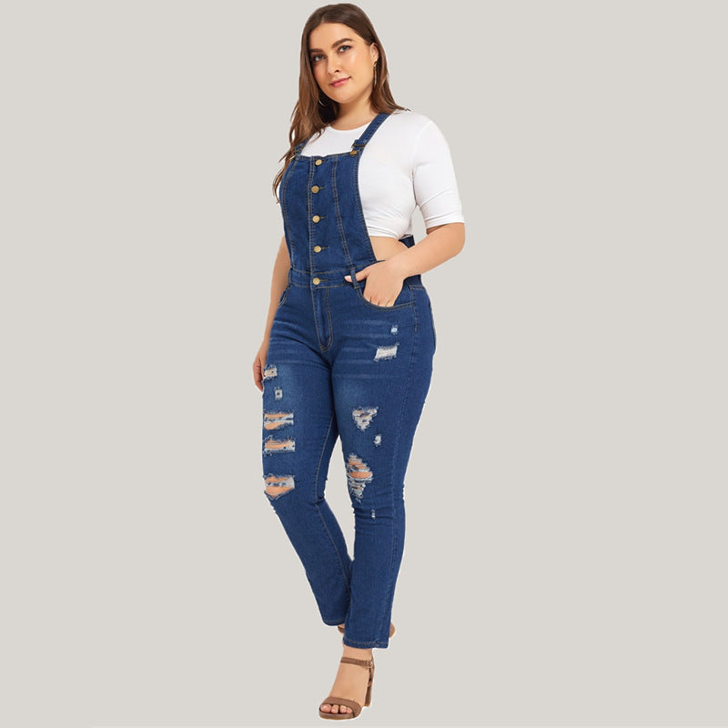 Ripped denim overalls