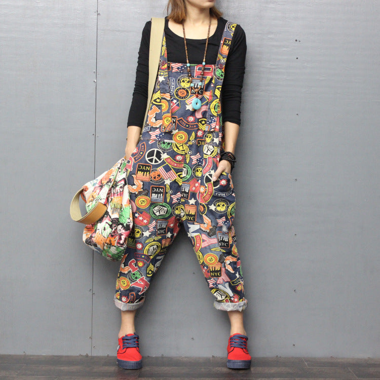 Printed denim bib overalls