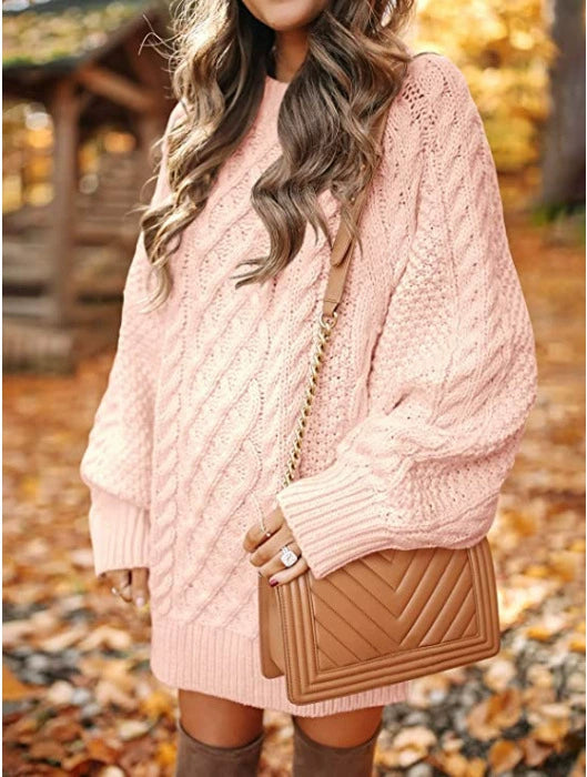 Women's Round Neck Long Sleeve Twisted Knitted Mid-length Dress Sweater