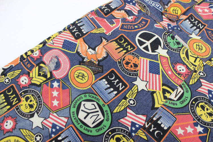 Printed denim bib overalls