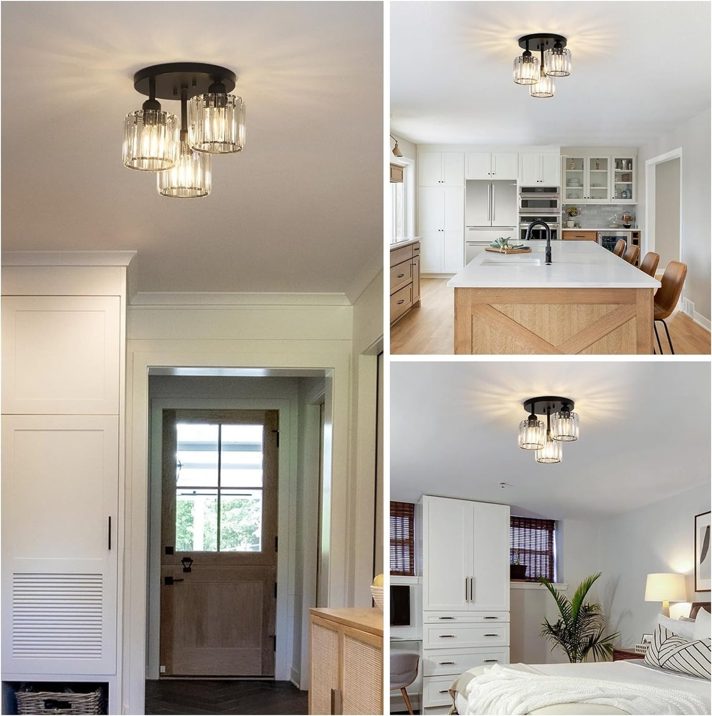 Crystal Semi Flush Mount Ceiling Light,3-Light Modern Close To Ceiling Light Fixtures,Black Kitchen