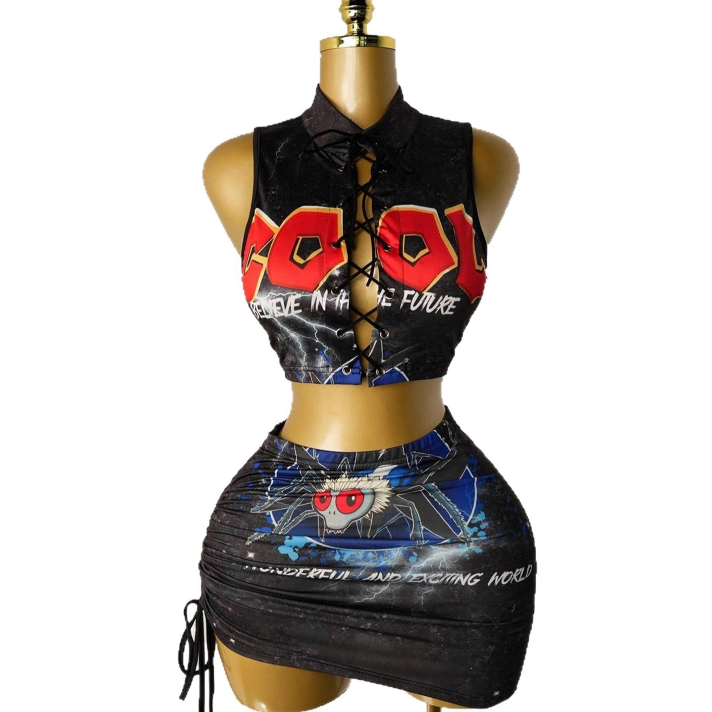 Women's Halter Strap Fashion Print Top Skirt Outfit