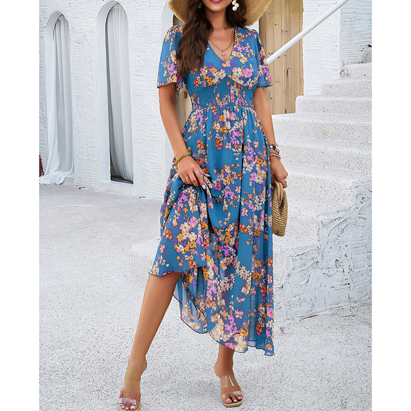 Women's Floral Puff Sleeve Midi Dress - Boho V-Neck Smocked Dress