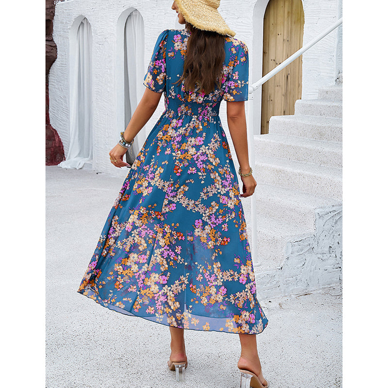 Women's Floral Puff Sleeve Midi Dress - Boho V-Neck Smocked Dress