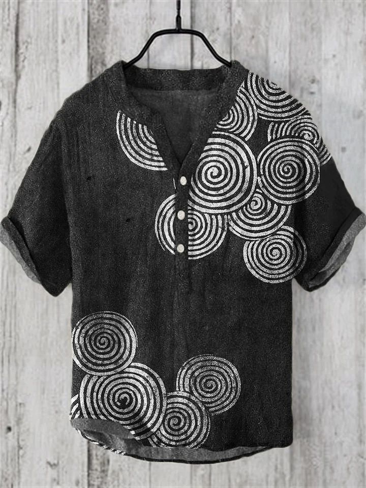Literary Men's Ocean Print Linen Short Sleeve Loose Casual Top