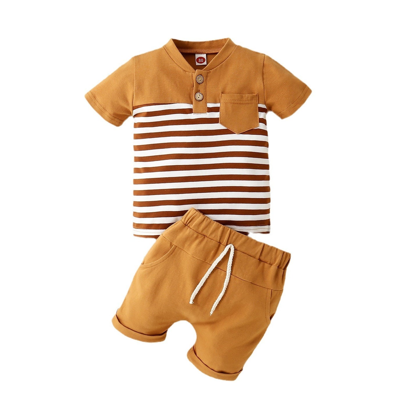 Boys' Open Collar Solid Color Stitching Short-sleeved Shorts Two-piece Set