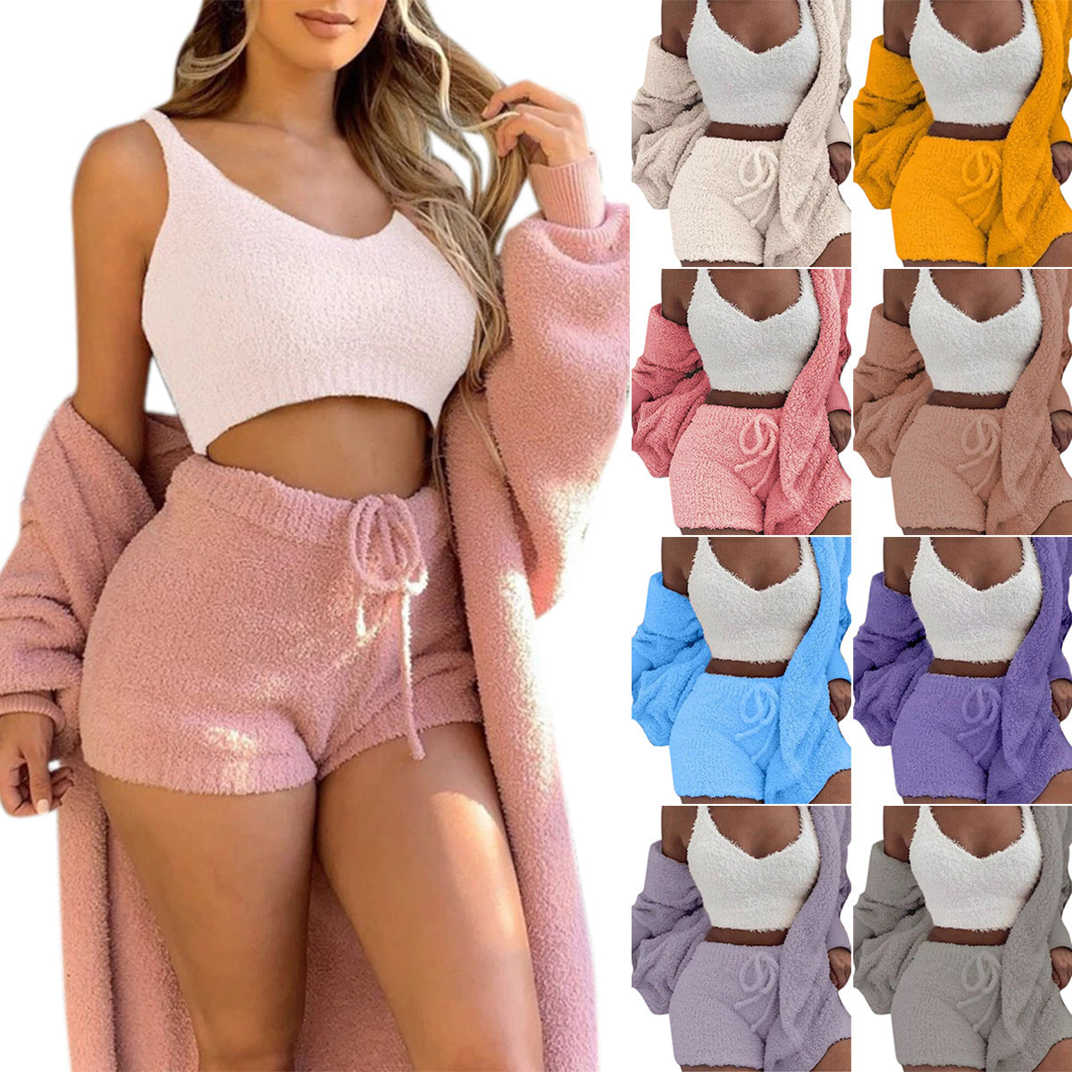 3pcs Womens Clothing Long Sleeve Crop Tank Top And Drawstring Shorts Pajama Set