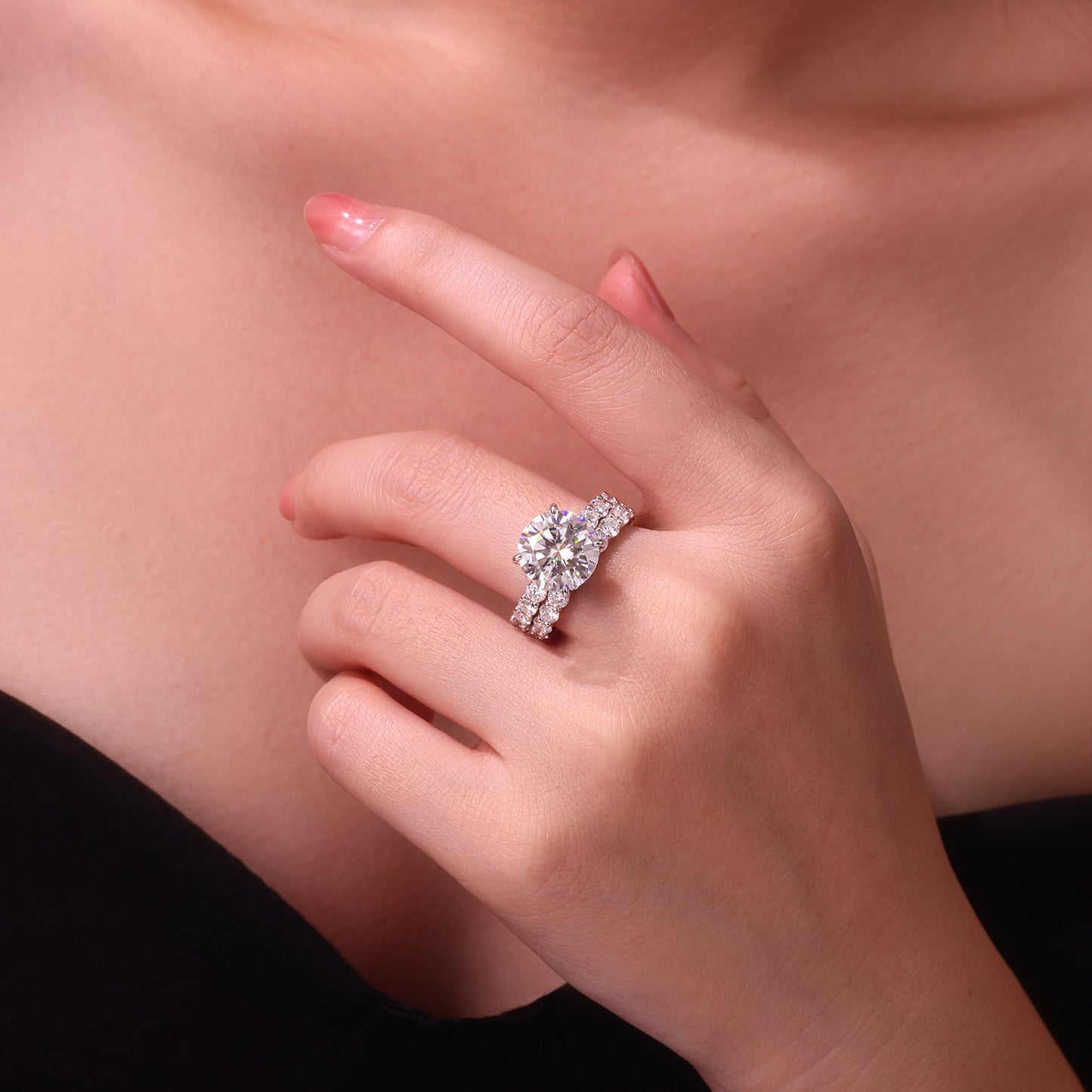 Time Vow - Fashionable Men's And Women's Ring Row Jewelry Set With 5-carat Moissan Diamond S925 Sterling Silver And Platinum-plated Diamond