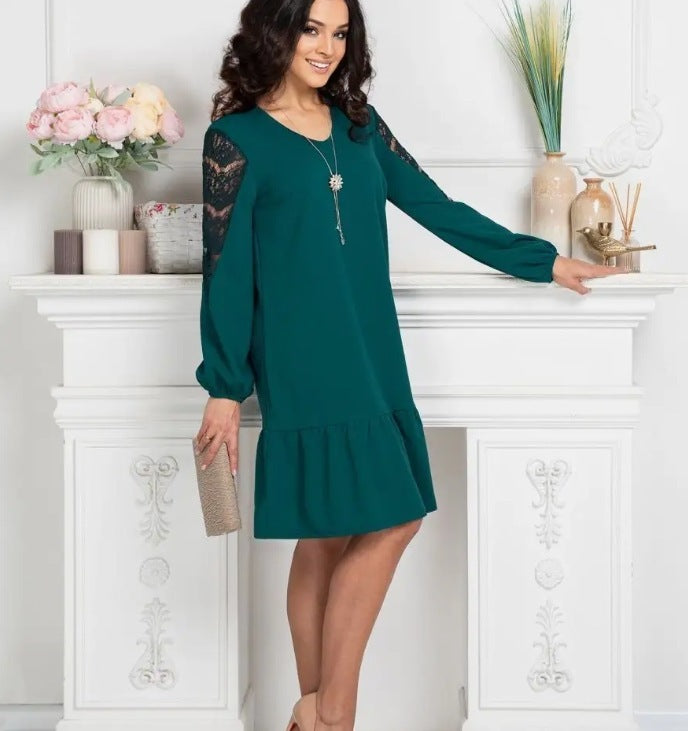 Round Neck Long Sleeve Hollow Lace Sleeve Slim Fit Patchwork Dress