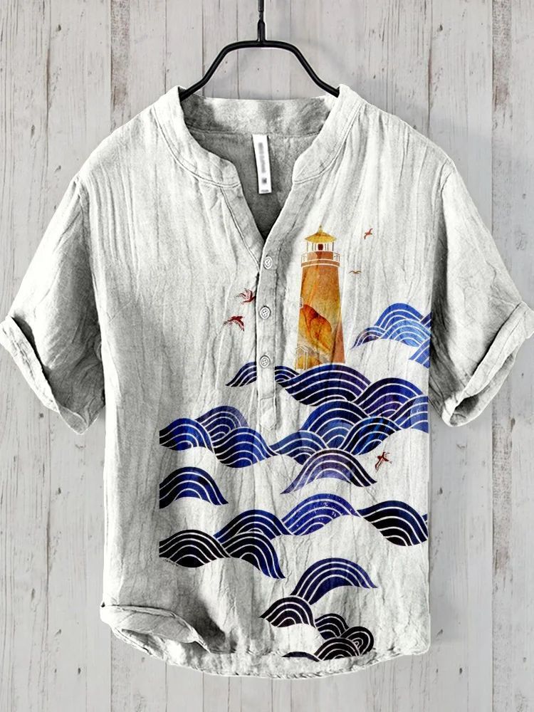 Literary Men's Ocean Print Linen Short Sleeve Loose Casual Top