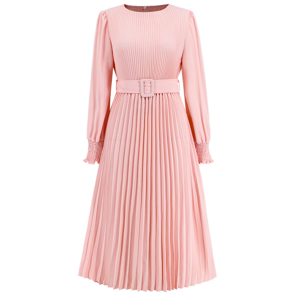 Women's Graceful And Fashionable Round Neck Bubble Long Sleeve Pleated A- Line Skirt