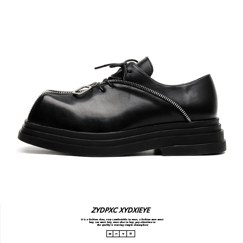 Thick Bottom Square Toe Men's Trendy Unique Punk Zipper Design Trendy Black Business Leather Shoes