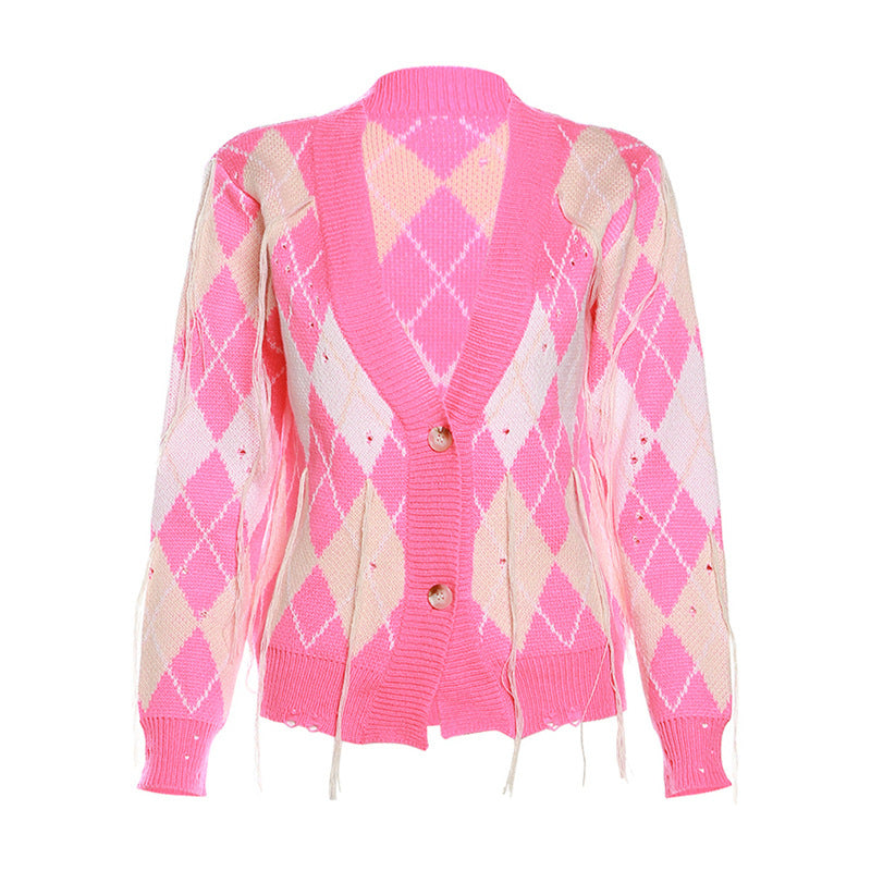 Women's Fashion Color Contrast Tassel Jacket High Waist Slim Shorts Suit