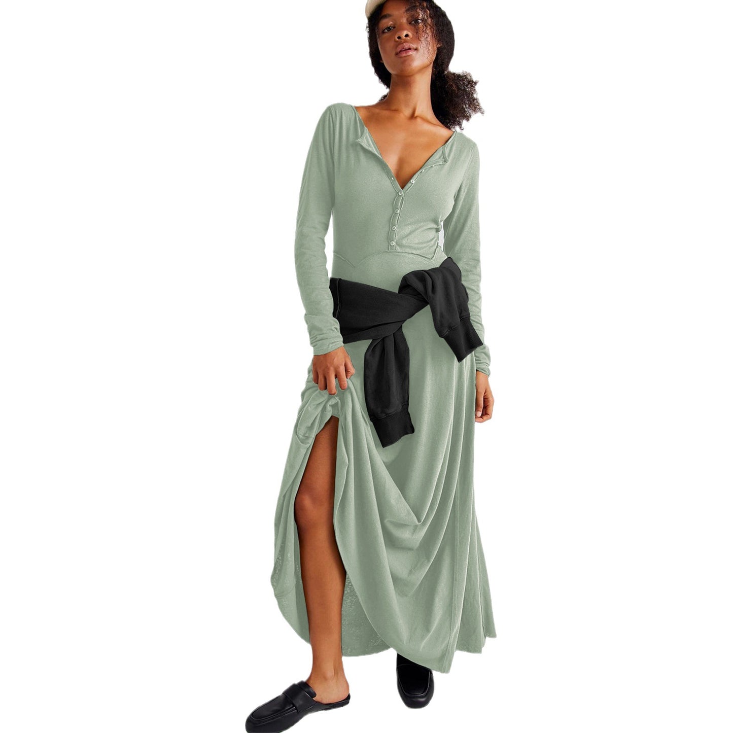Women's Temperament Pure Color Long Sleeve Dress