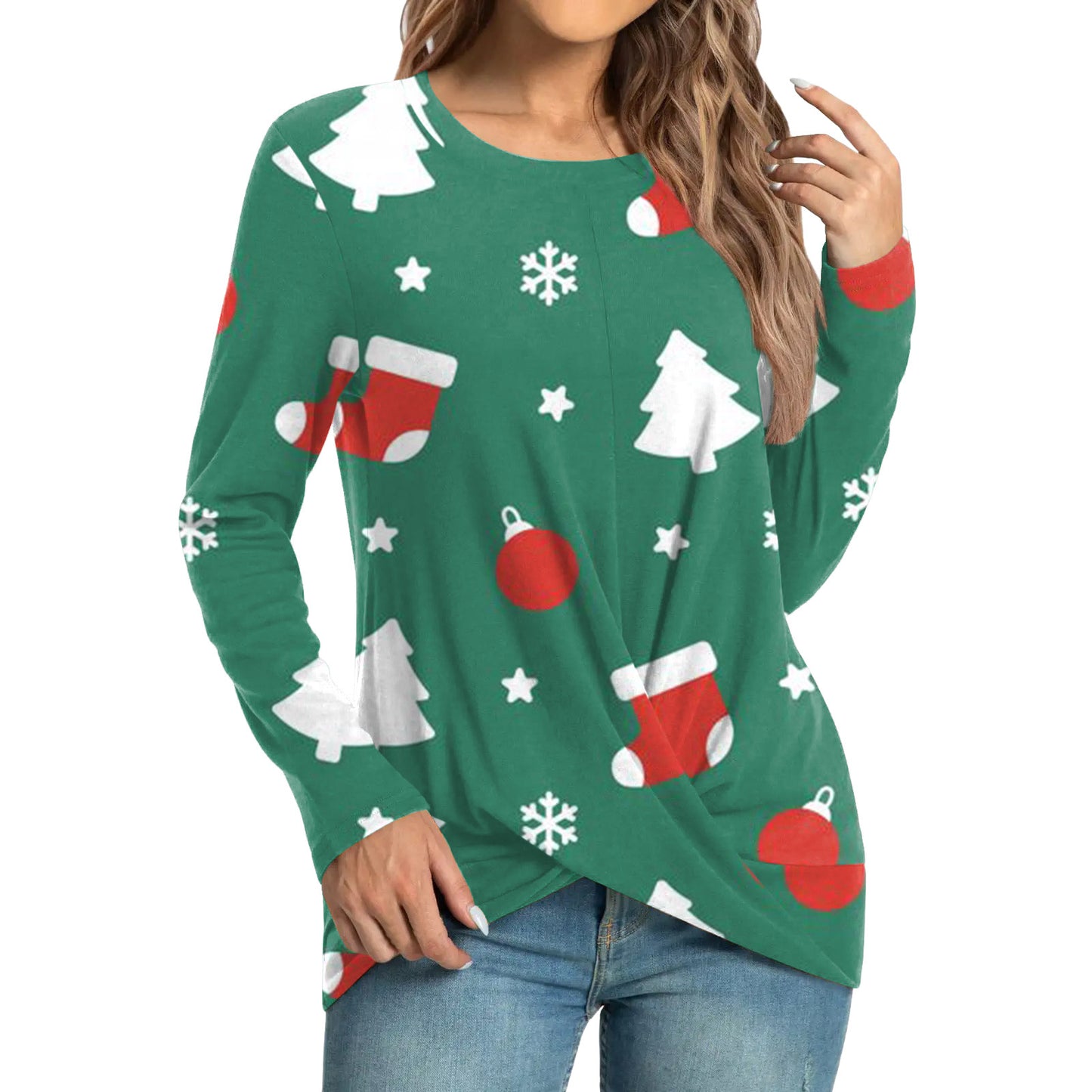 Women's Fashion Casual Christmas Element Printing Round Neck Long Sleeve Top