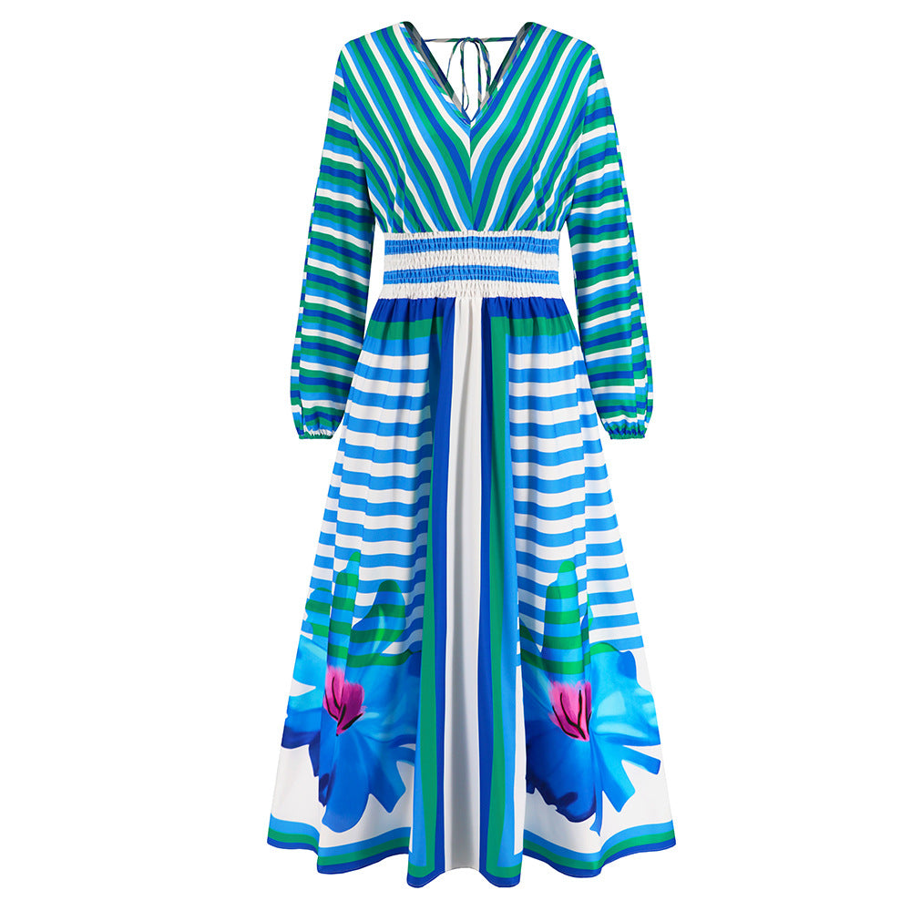 Women's Temperament Long Sleeve V-neck Swing Printed Dress