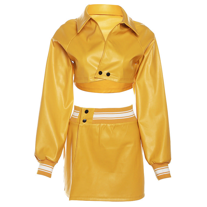 Women's Fashion Solid Color Faux Leather Short Top High Waist Hip-wrapped Skirt Suit
