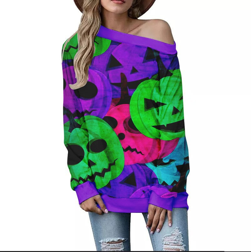 Women's Fashion Casual Printing Shoulder Long-sleeved Sweater