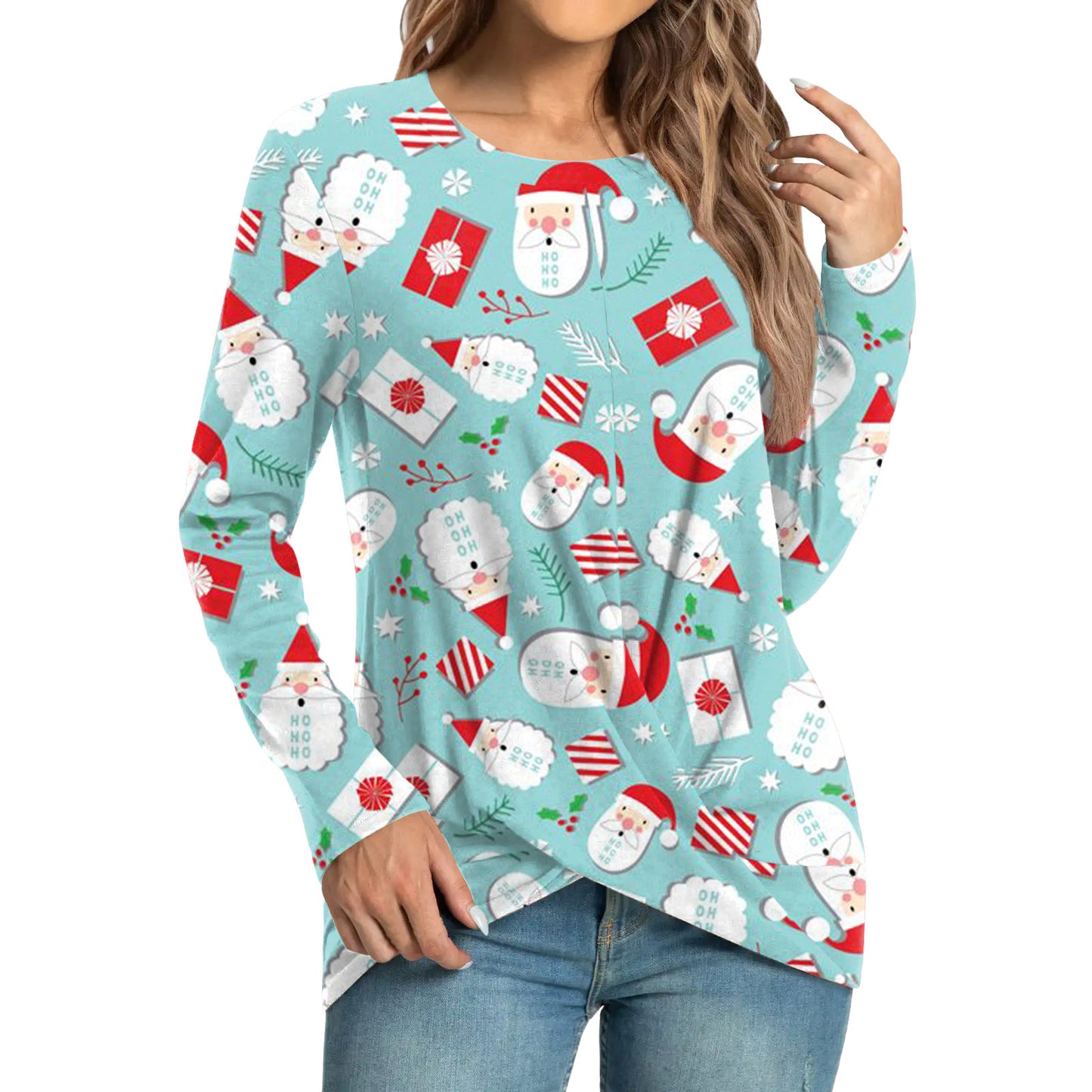 Women's Fashion Casual Christmas Element Printing Round Neck Long Sleeve Top