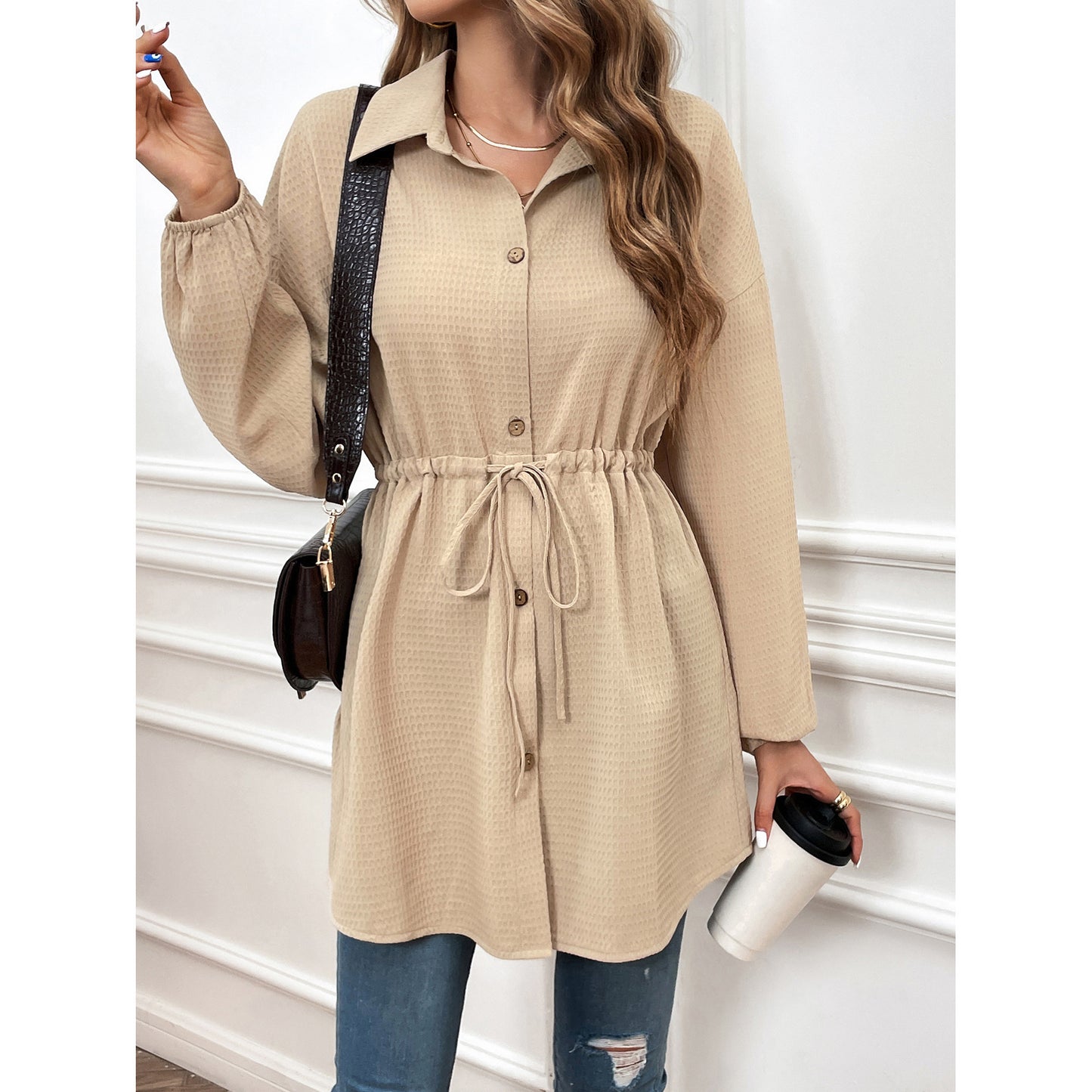 Women's Fashionable Elegant Drawstring Waist Loose Long Sleeve Top